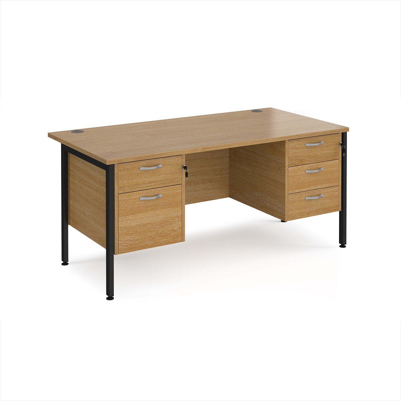 Wood-effect office desk with matching drawers and black metal frame on a white background