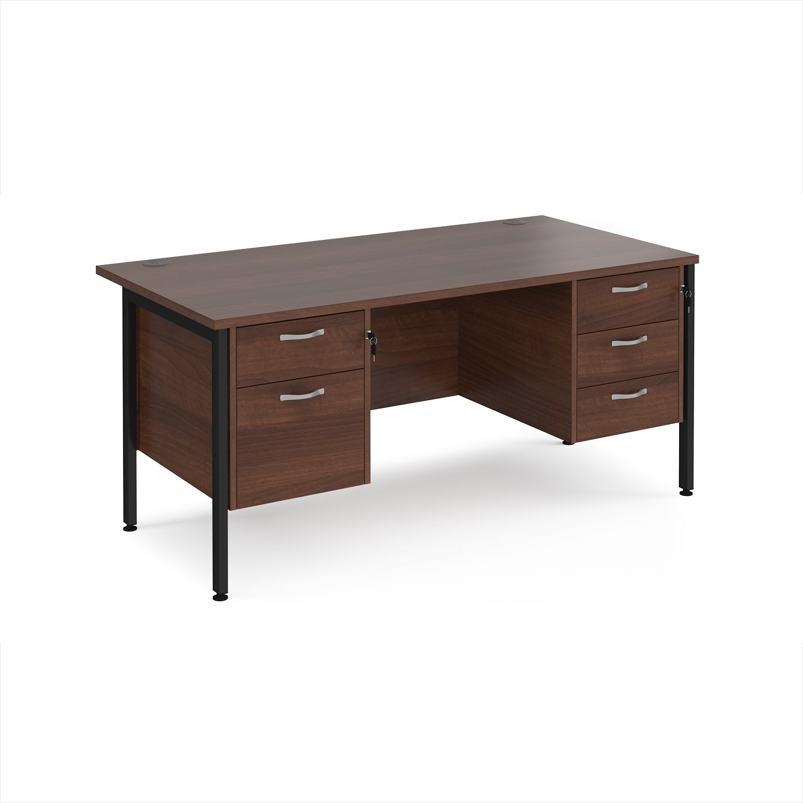 Wood-effect office desk with matching drawers and black metal frame on a white background