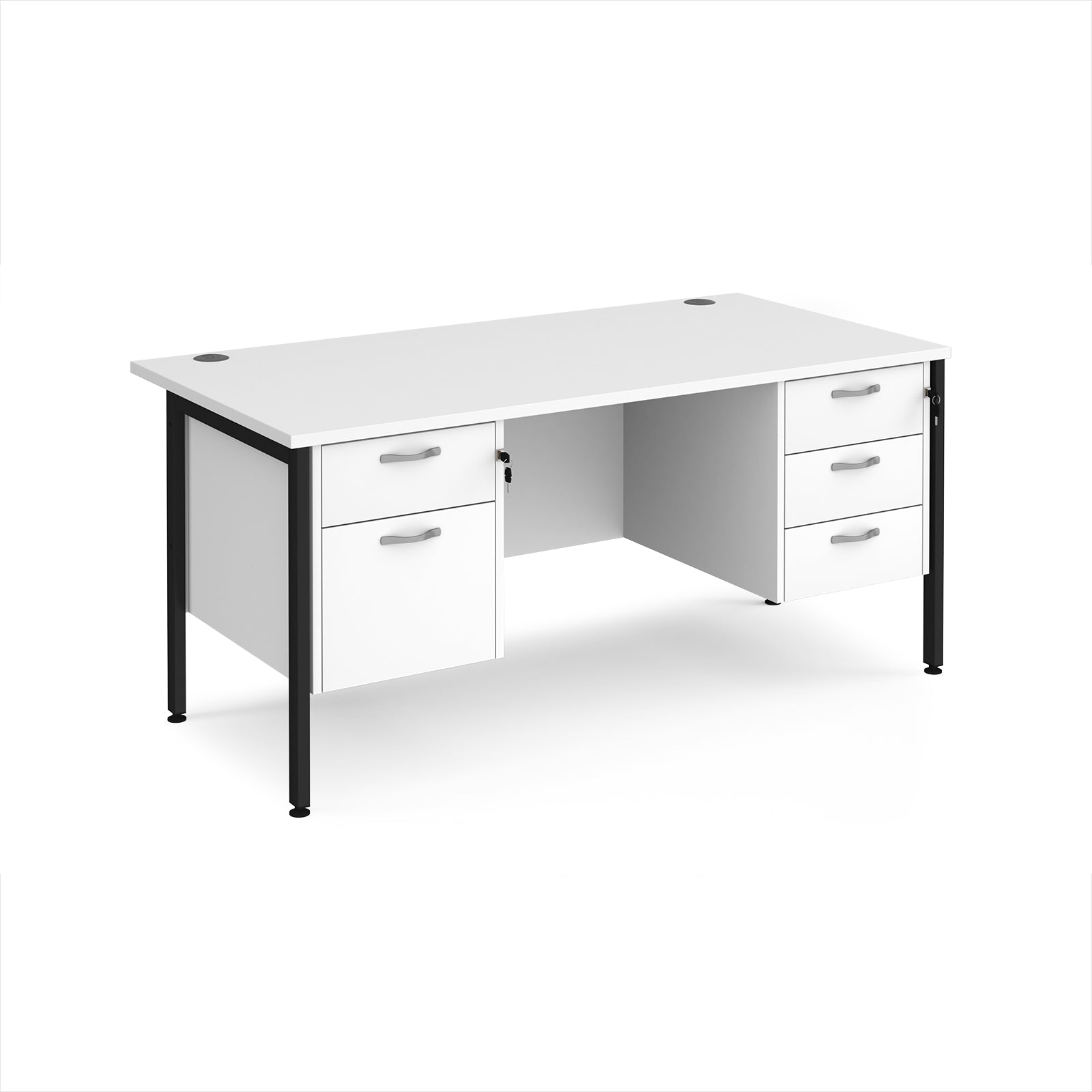 White office desk with matching drawers and black metal frame on a white background