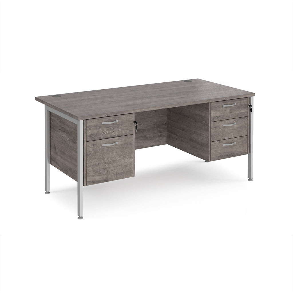 Wood-effect office desk with matching drawers and silver metal frame on a white background
