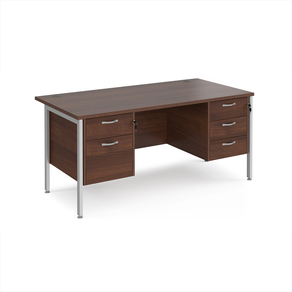 Wood-effect office desk with matching drawers and silver metal frame on a white background