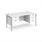 White office desk with matching drawers and silver metal frame on a white background