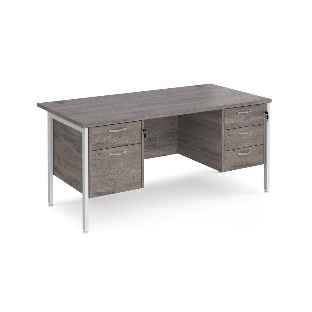 Wood-effect office desk with matching drawers and white metal frame on a white background