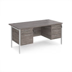 Wood-effect office desk with matching drawers and white metal frame on a white background