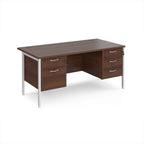 Wood-effect office desk with matching drawers and white metal frame on a white background