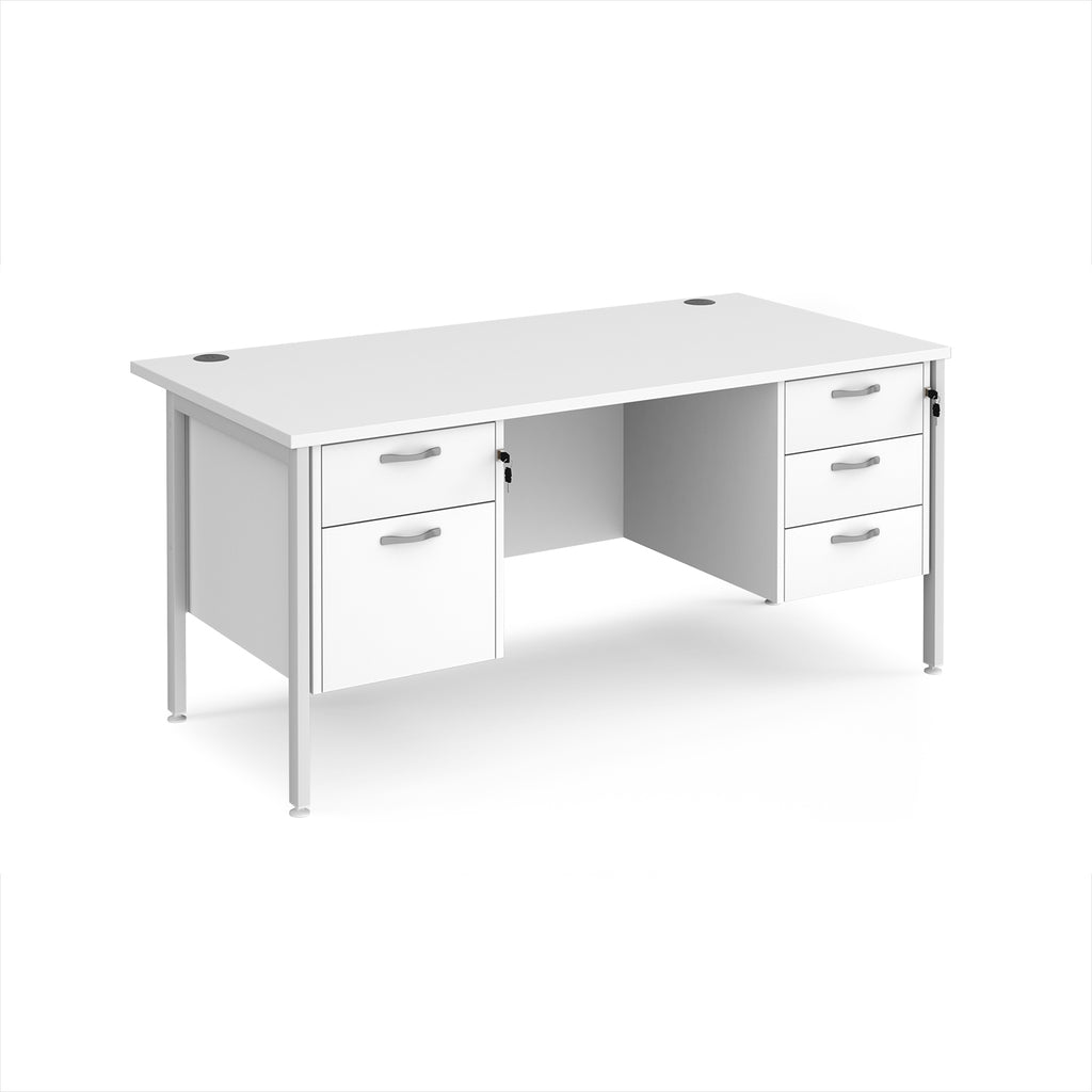 White office desk with matching drawers and white metal frame on a white background
