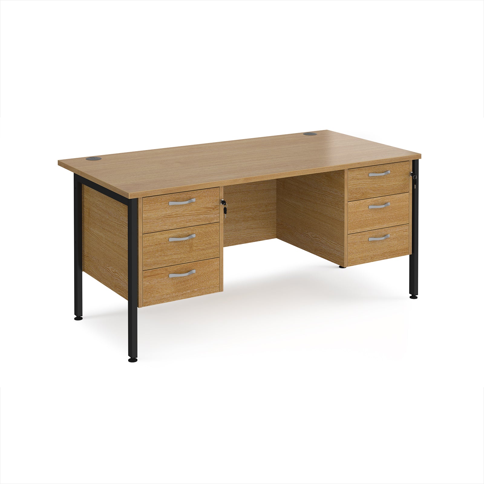 Wood-effect office desk with multiple drawers and black metal frame on a white background