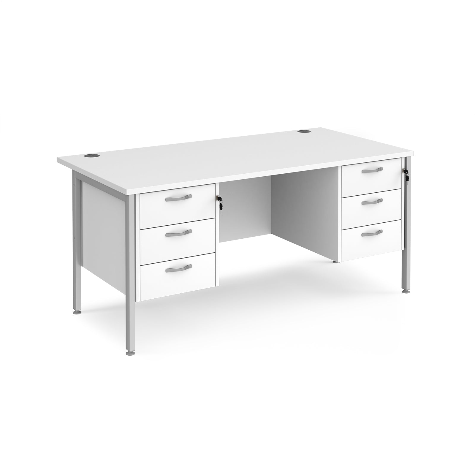 White office desk with multiple drawers and silver metal frame on a white background