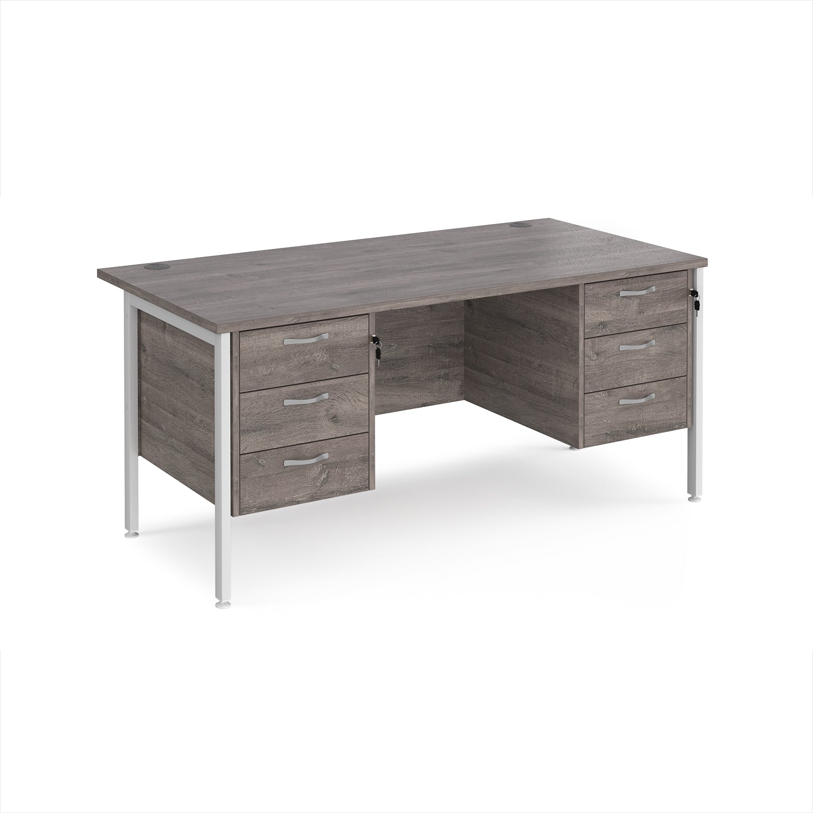 Wood-effect office desk with multiple drawers and white metal frame on a white background