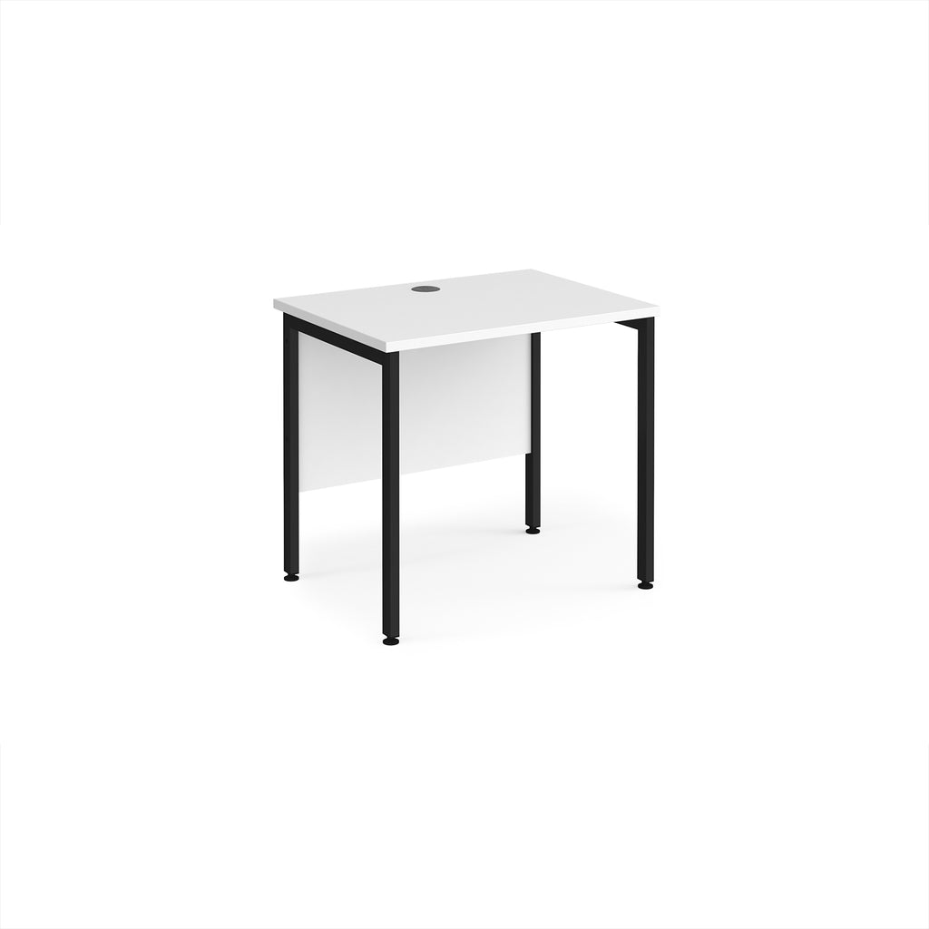 Office desk with white top and black metal frame on a white background