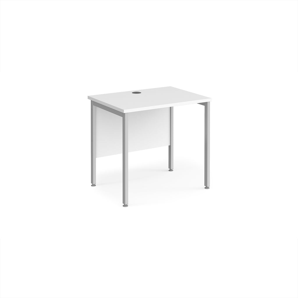 Office desk with white top and silver metal frame on a white background