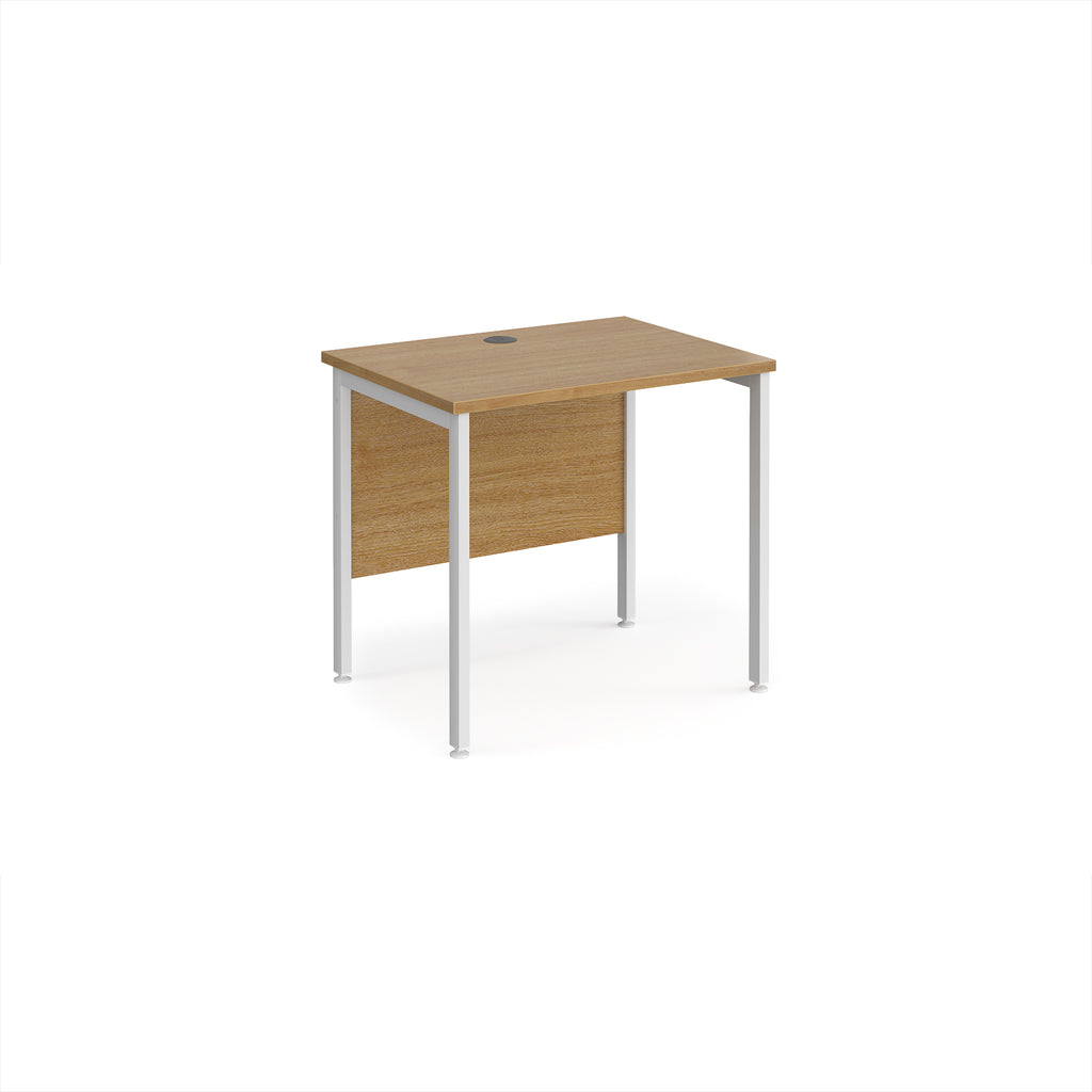 Office desk with wood-effect top and white metal frame on a white background