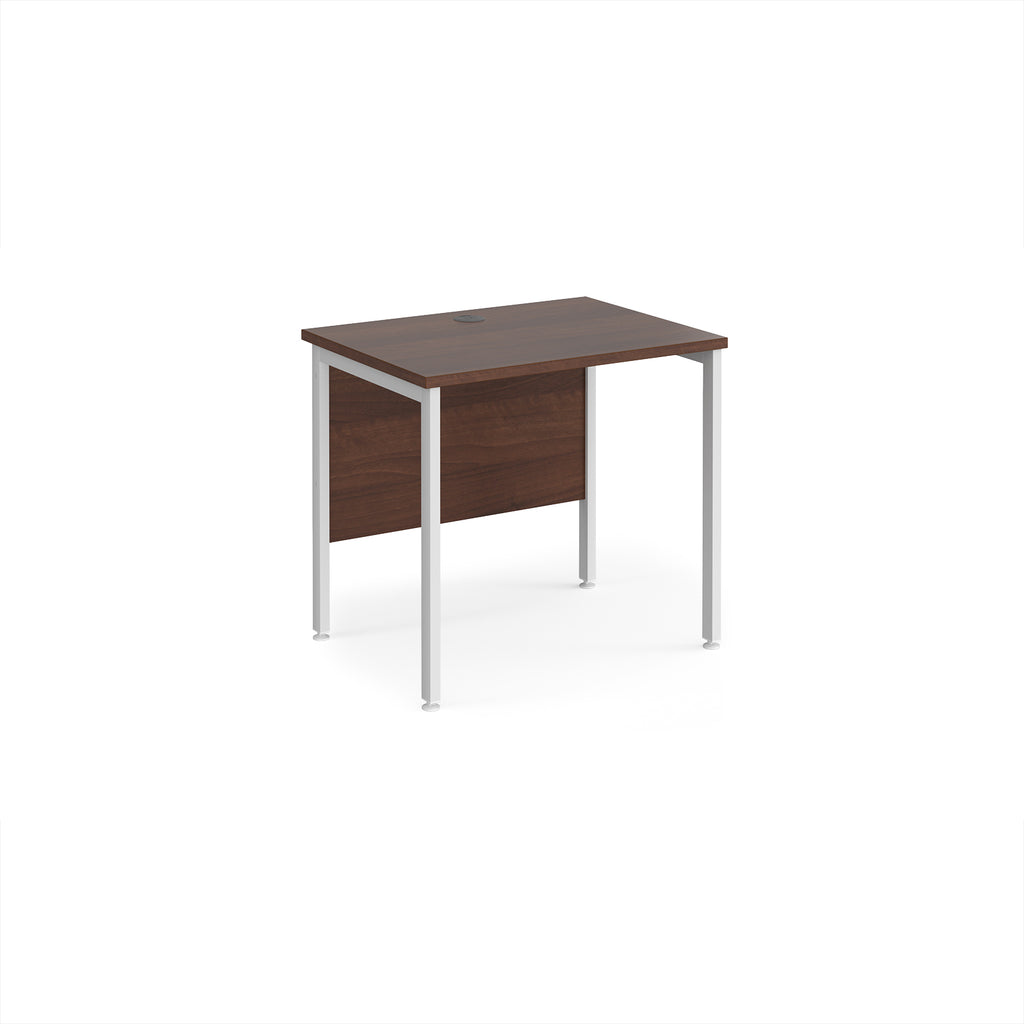 Office desk with wood-effect top and white metal frame on a white background