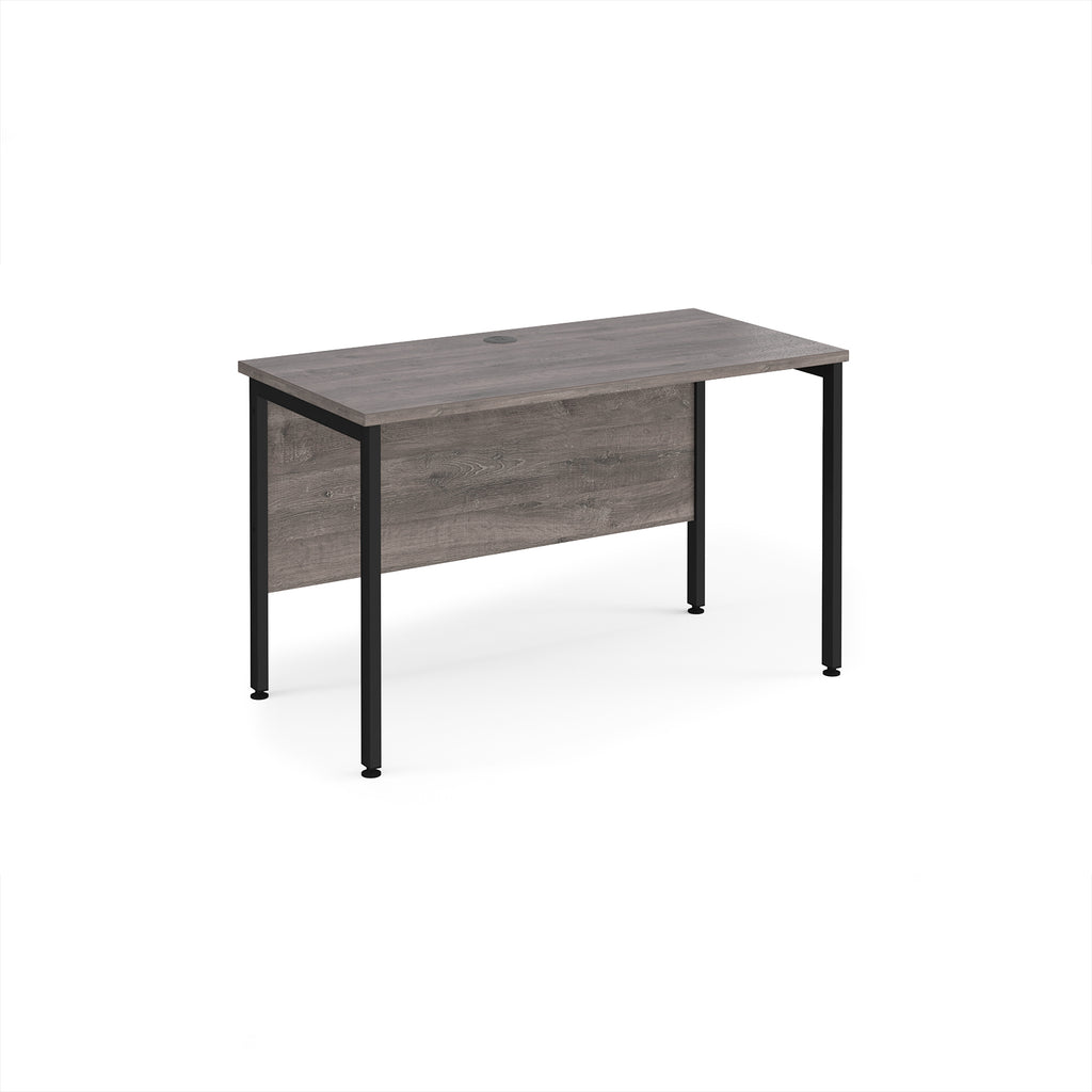 Office desk with wood-effect top and black metal frame on a white background