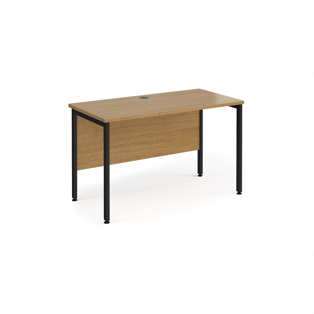 Office desk with wood-effect top and black metal frame on a white background
