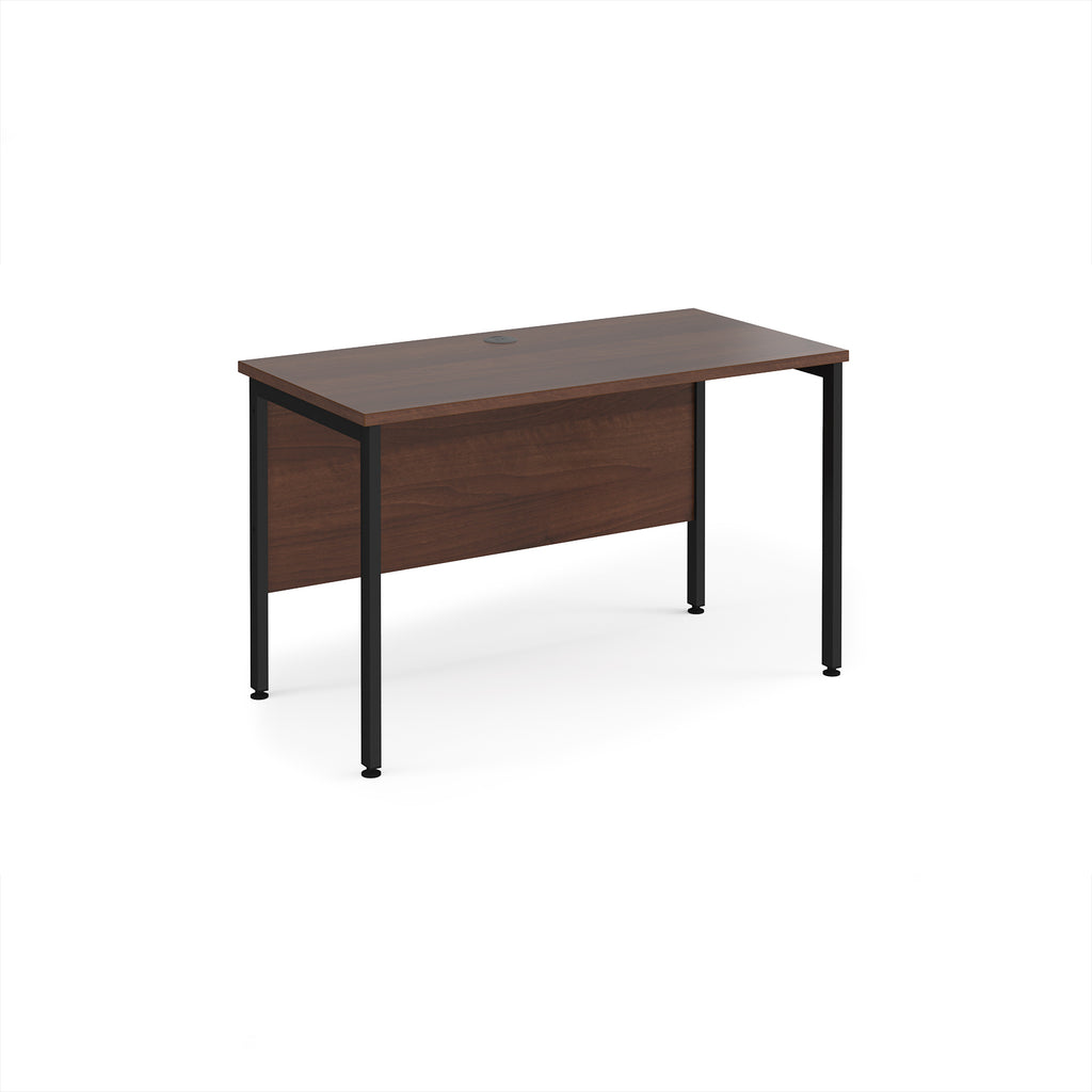 Office desk with wood-effect top and black metal frame on a white background