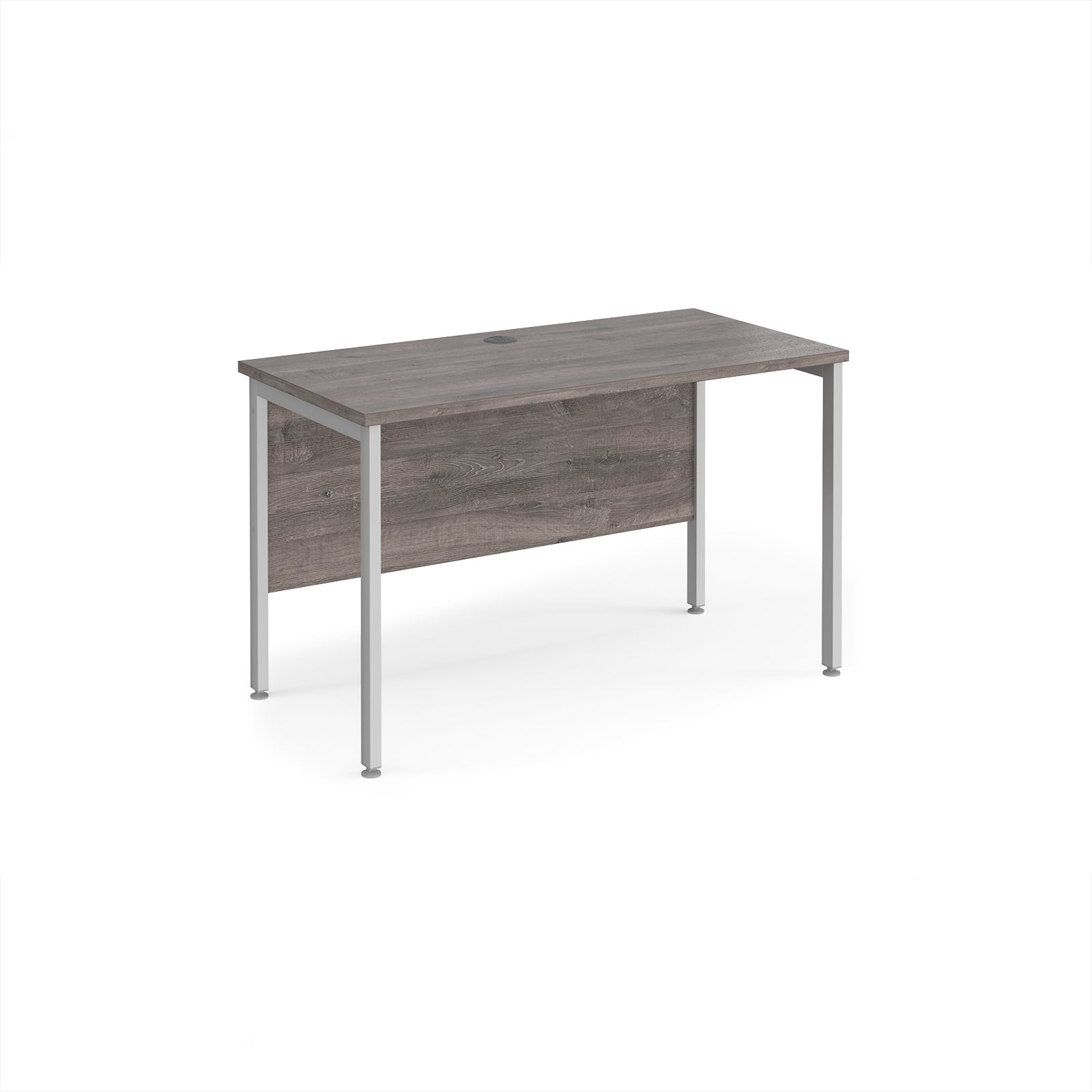Office desk with wood-effect top and silver metal frame on a white background