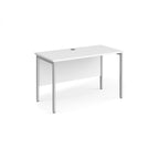 Office desk with white top and silver metal frame on a white background