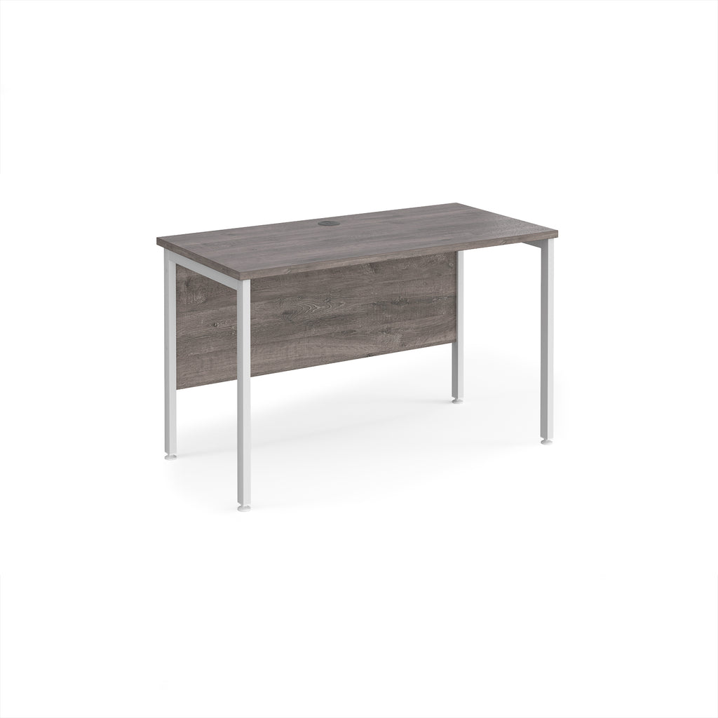 Office desk with wood-effect top and white metal frame on a white background