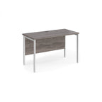 Office desk with wood-effect top and white metal frame on a white background