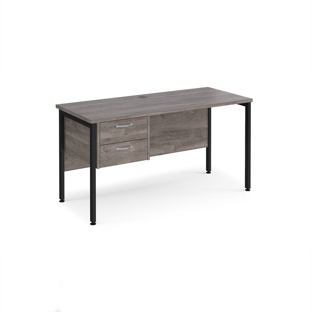 Wood-effect desk with matching drawers and black metal frame on a white background