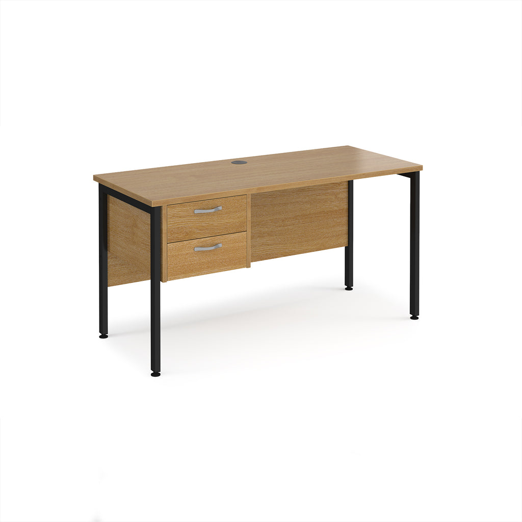 Wood-effect desk with matching drawers and black metal frame on a white background