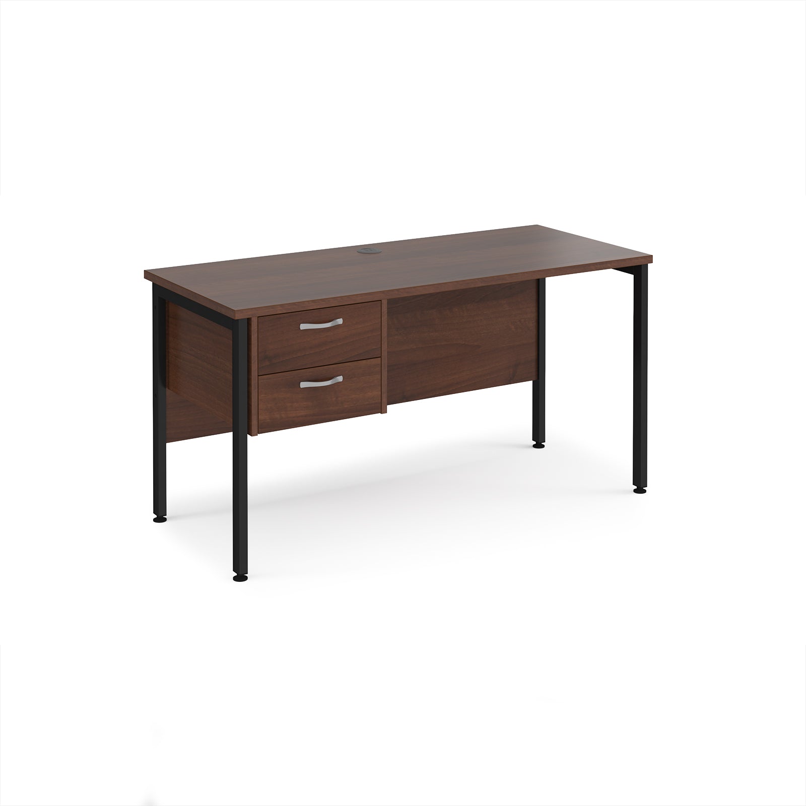 Wood-effect desk with matching drawers and black metal frame on a white background