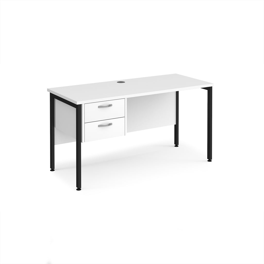 White desk with matching drawers and black metal frame on a white background