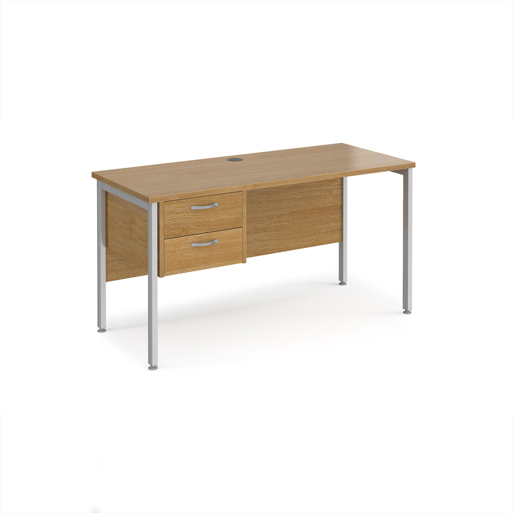 Wood-effect desk with matching drawers and silver metal frame on a white background
