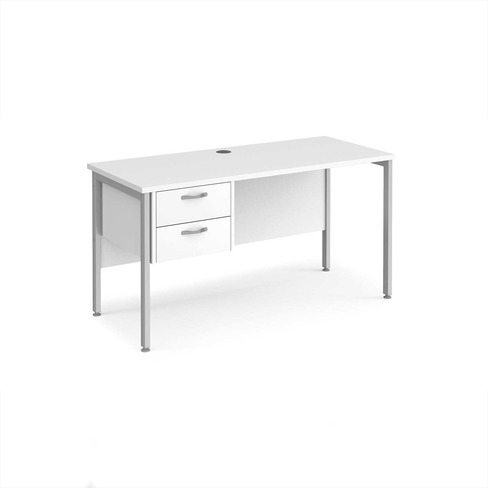 White desk with matching drawers and silver metal frame on a white background