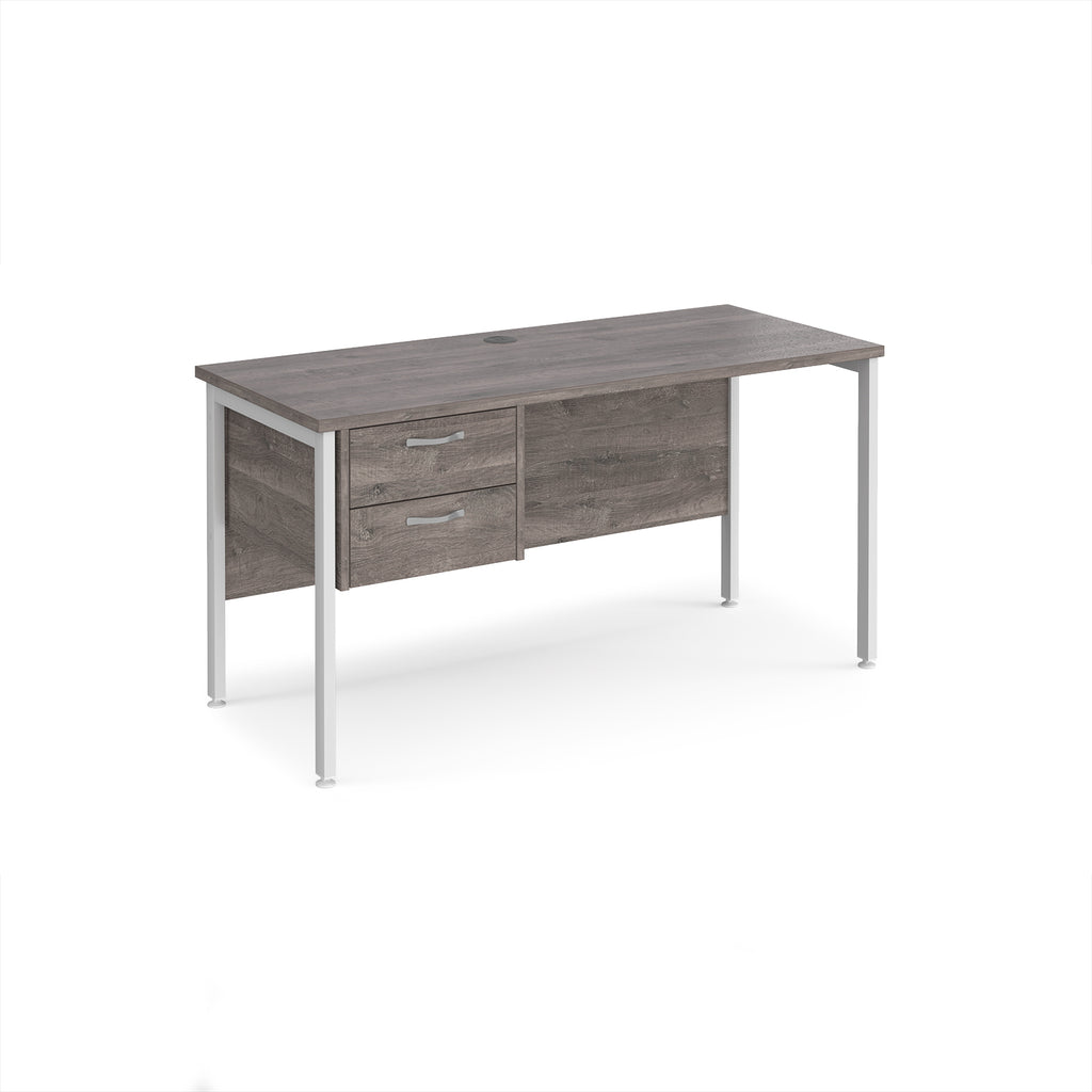 Wood-effect desk with matching drawers and white metal frame on a white background