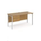 Wood-effect desk with matching drawers and white metal frame on a white background