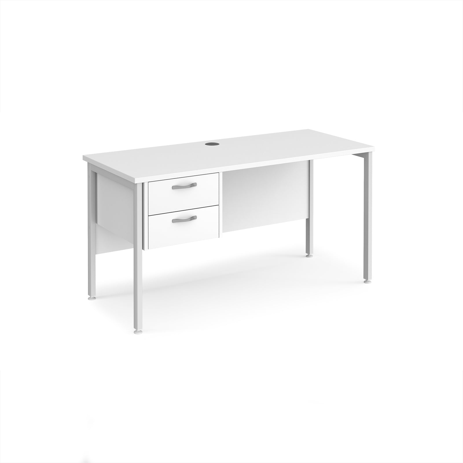 White desk with matching drawers and metal frame on a white background
