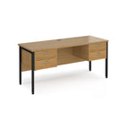 Wood-effect office desk with matching drawers and black metal legs on a white background