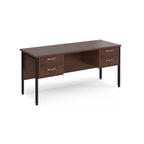 Wood-effect office desk with matching drawers and black metal legs on a white background
