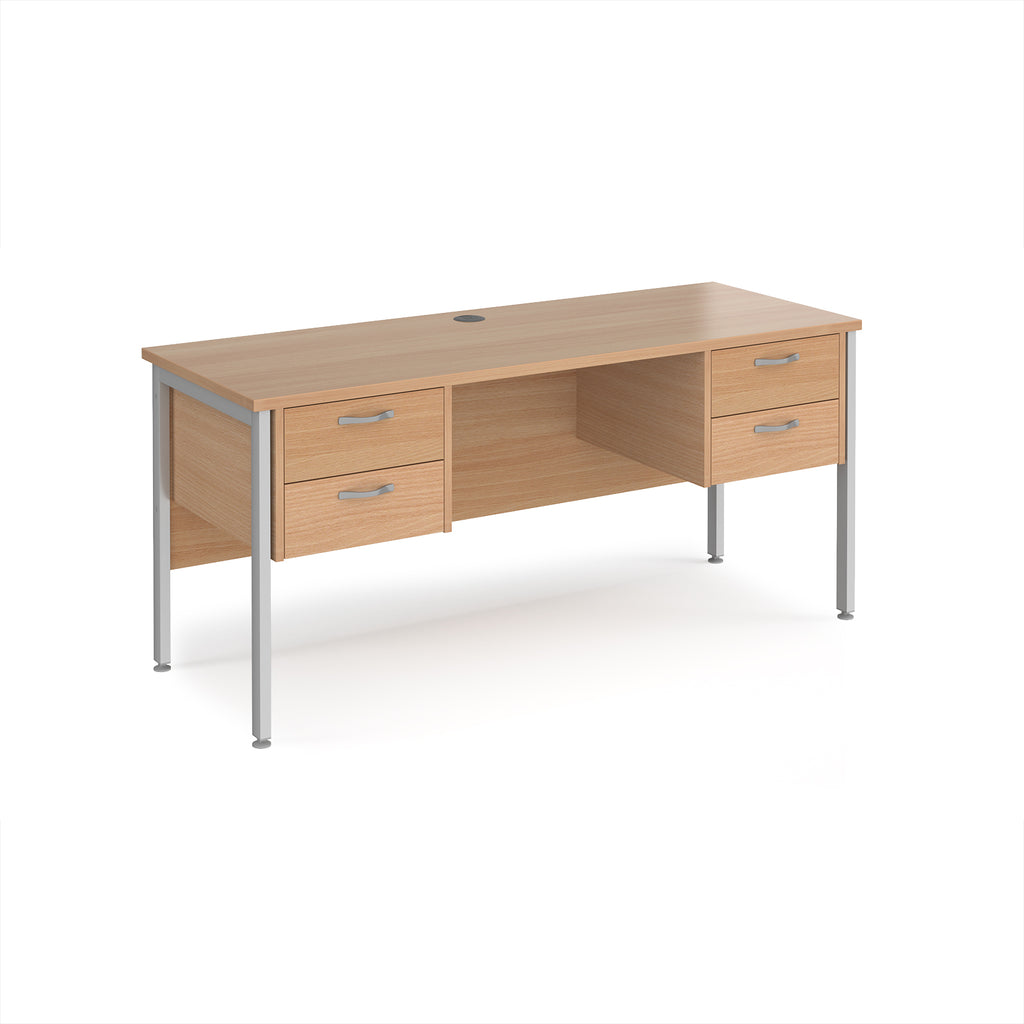 Wood-effect office desk with matching drawers and silver metal legs on a white background