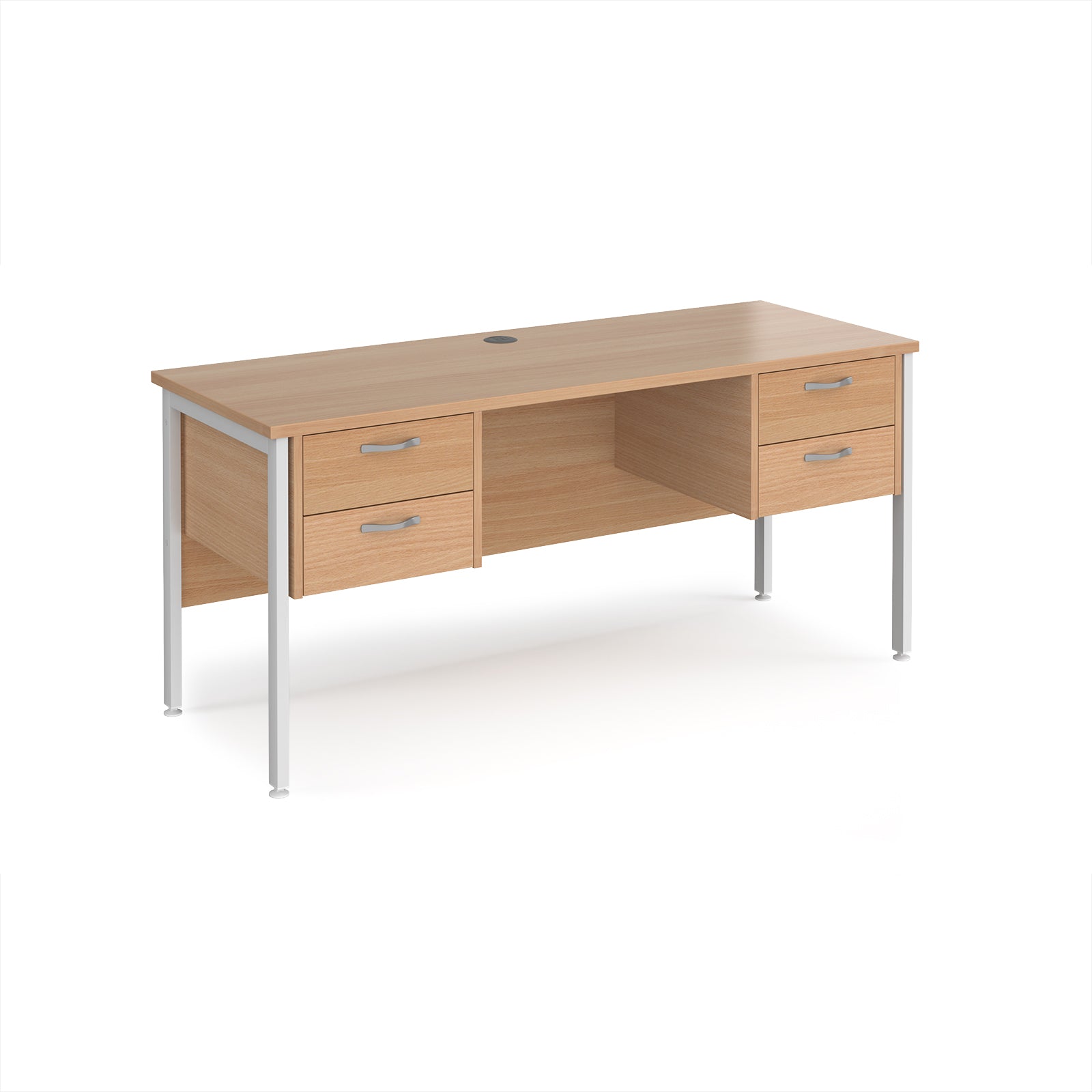 Wood-effect office desk with matching drawers and white metal legs on a white background