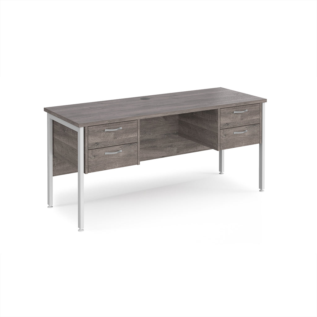Wood-effect office desk with matching drawers and white metal legs on a white background