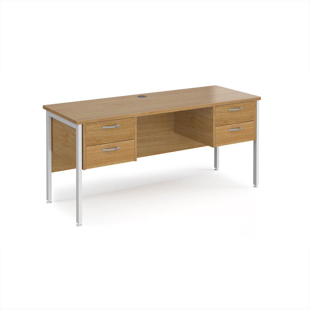 Wood-effect office desk with matching drawers and white metal legs on a white background