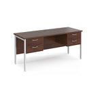 Wood-effect office desk with matching drawers and white metal legs on a white background