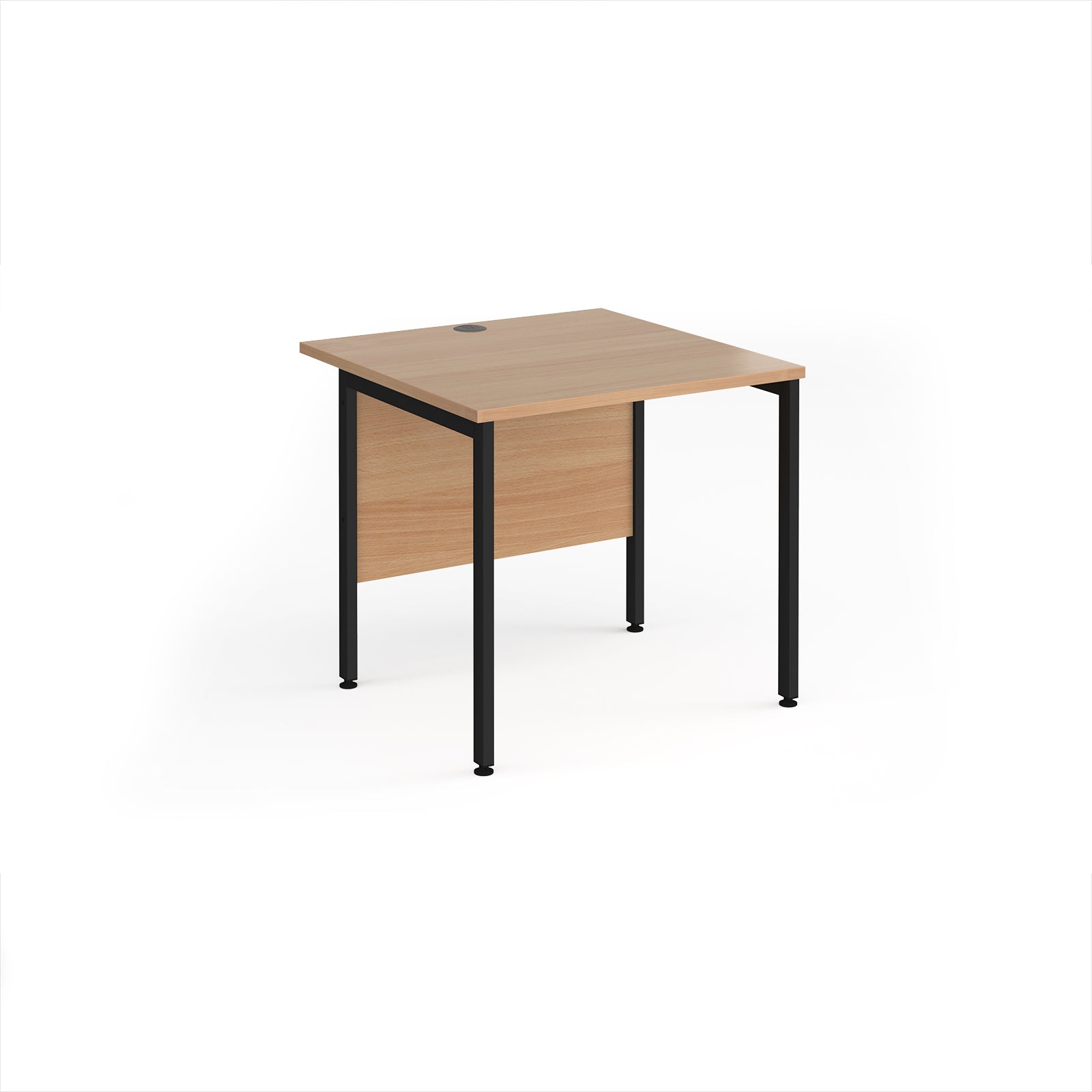 Square office desk with wood-effect top and black metal legs on a white background