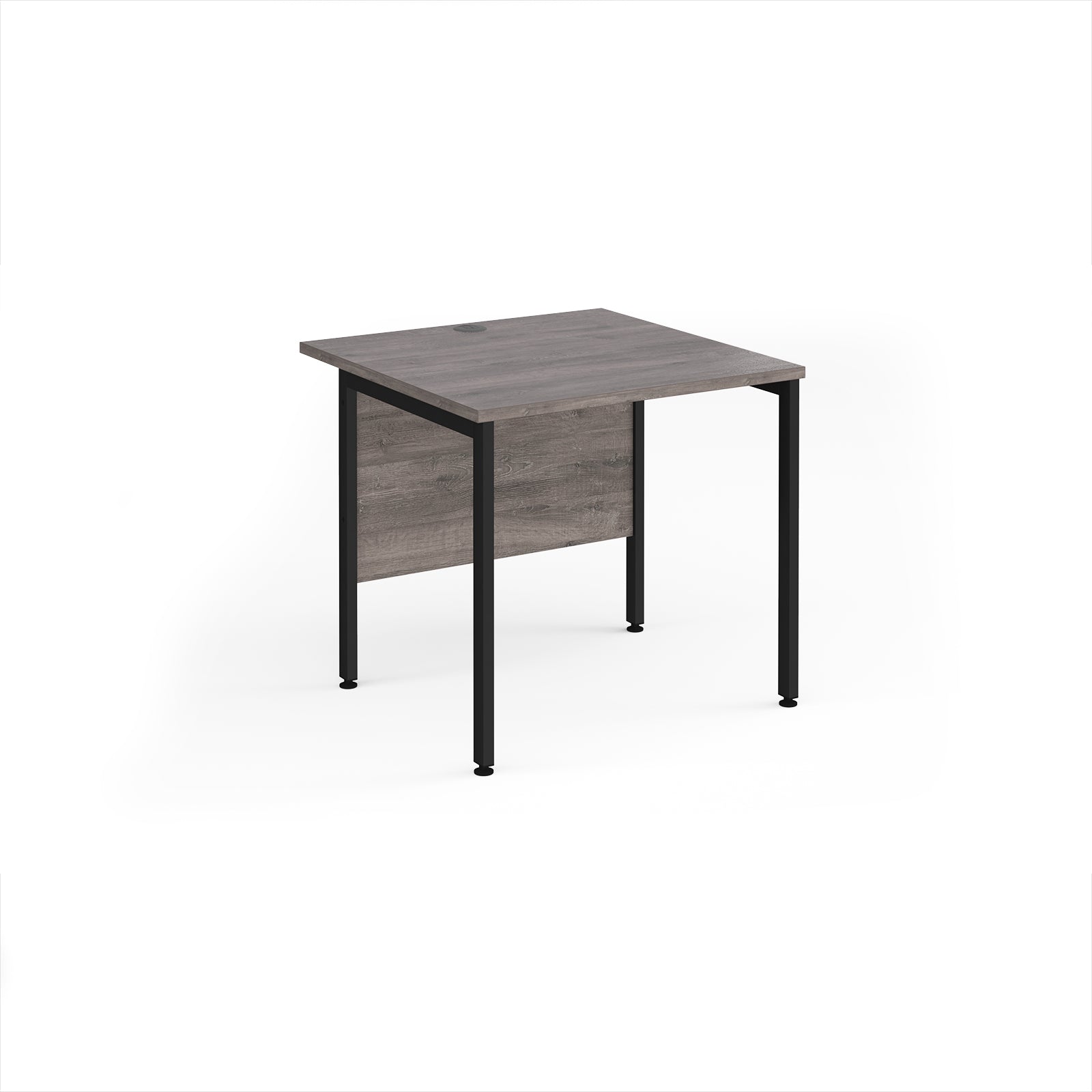 Square office desk with grey wood-effect top and black metal legs on a white background