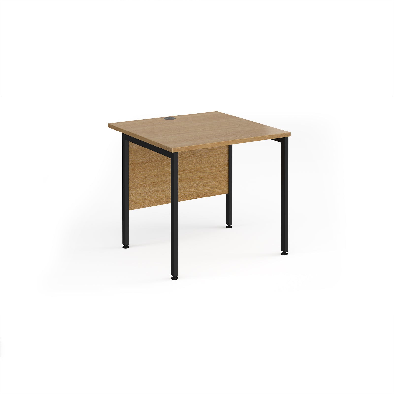 Square office desk with wood-effect top and black metal legs on a white background