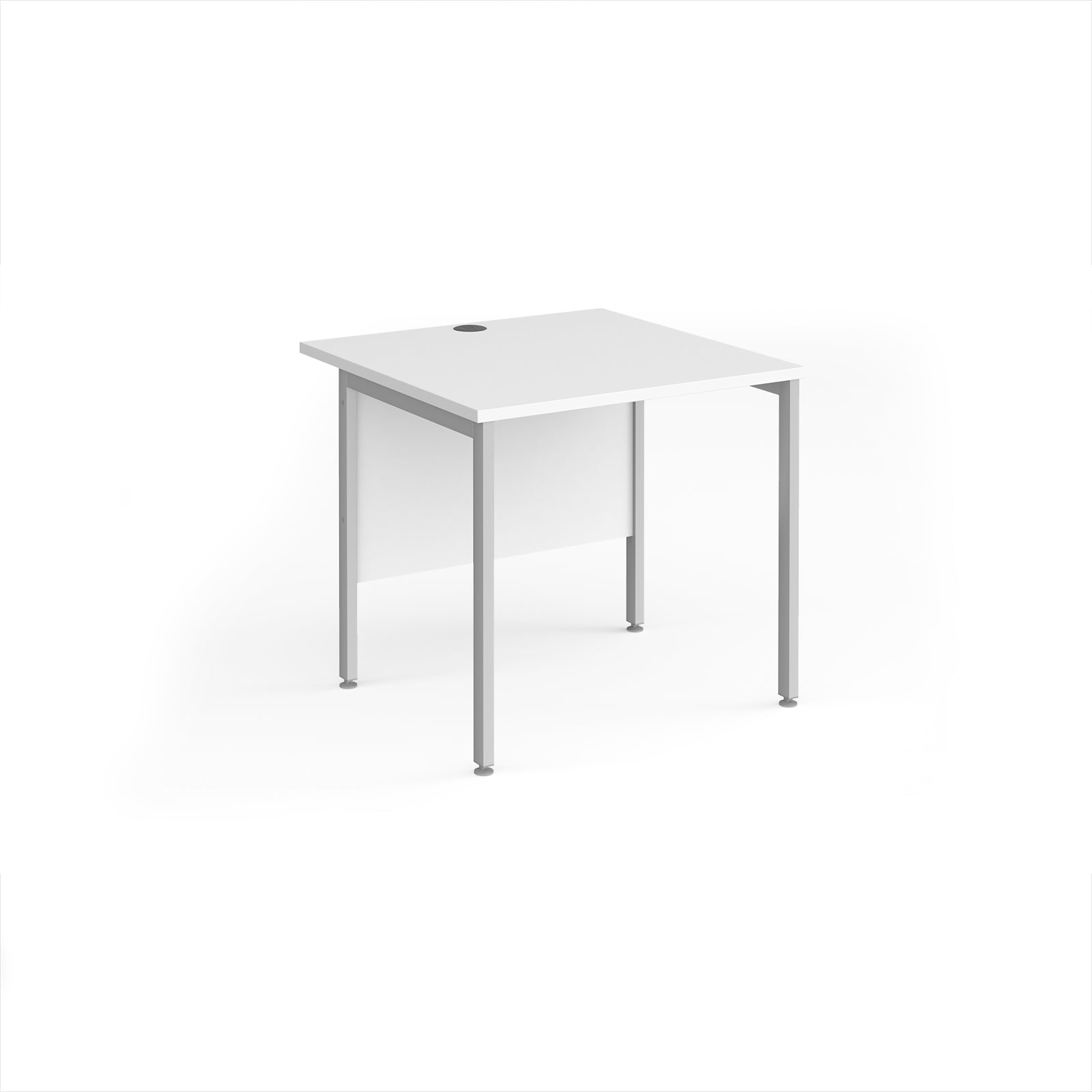 Square office desk with white top and silver metal legs on a white background