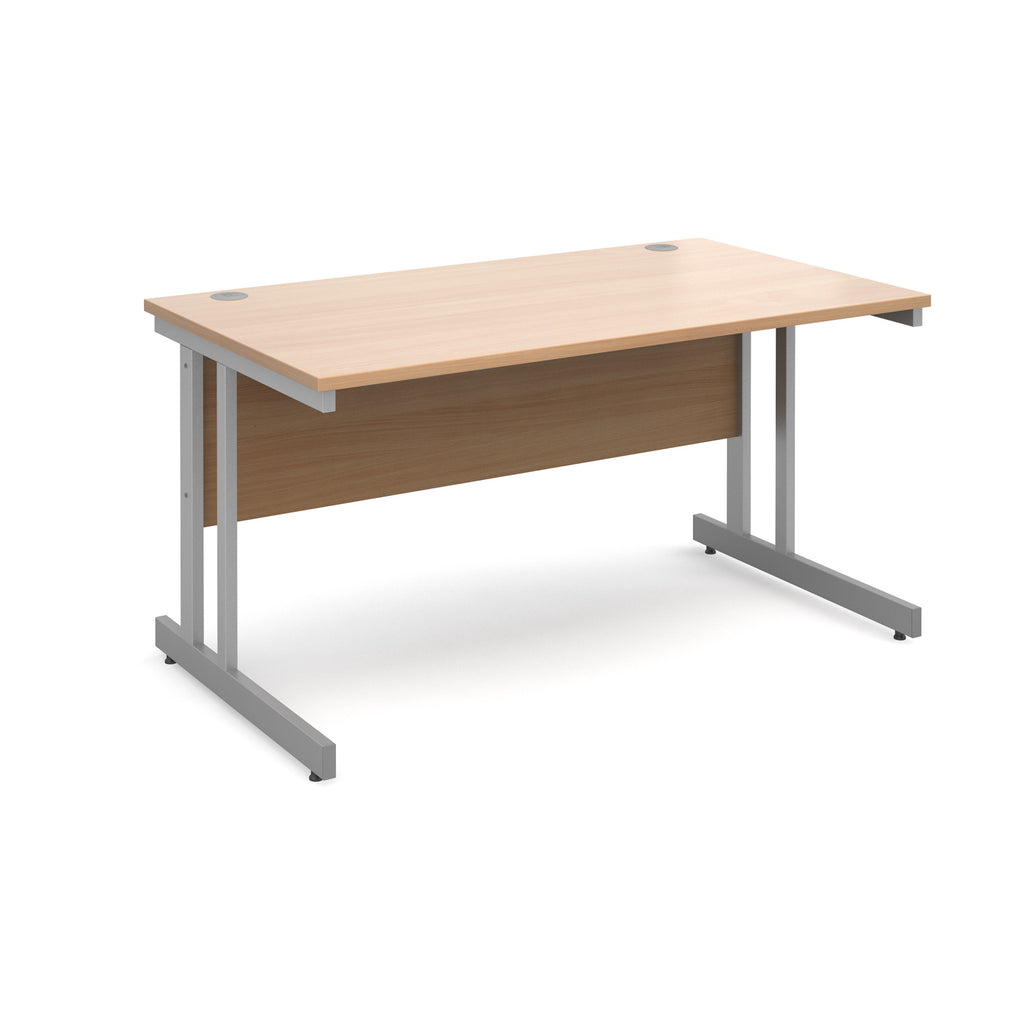 Office desk with wood-effect top and silver metal legs on a white background