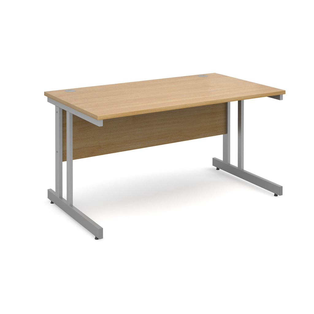 Office desk with wood-effect top and silver metal legs on a white background