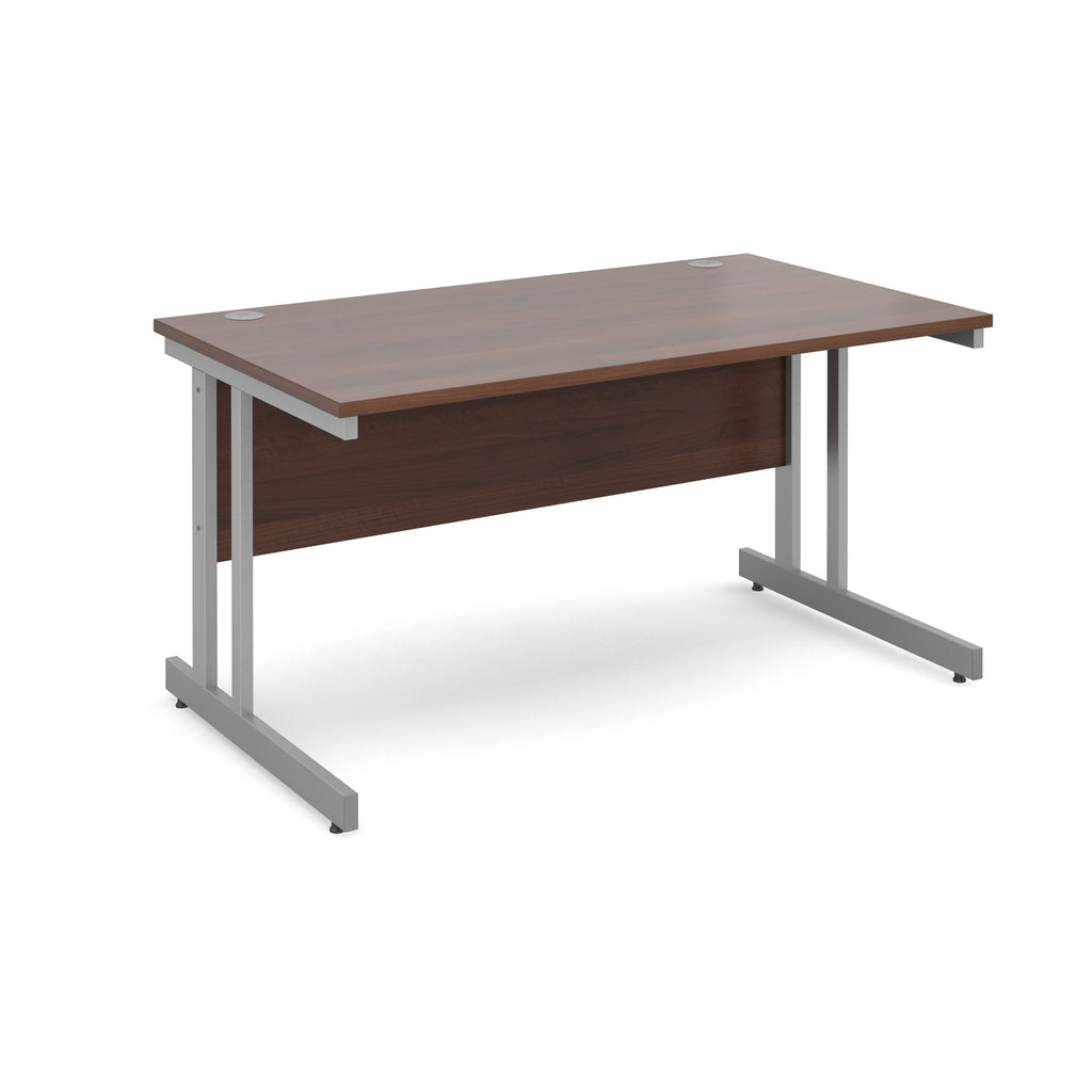Office desk with wood-effect top and silver metal legs on a white background