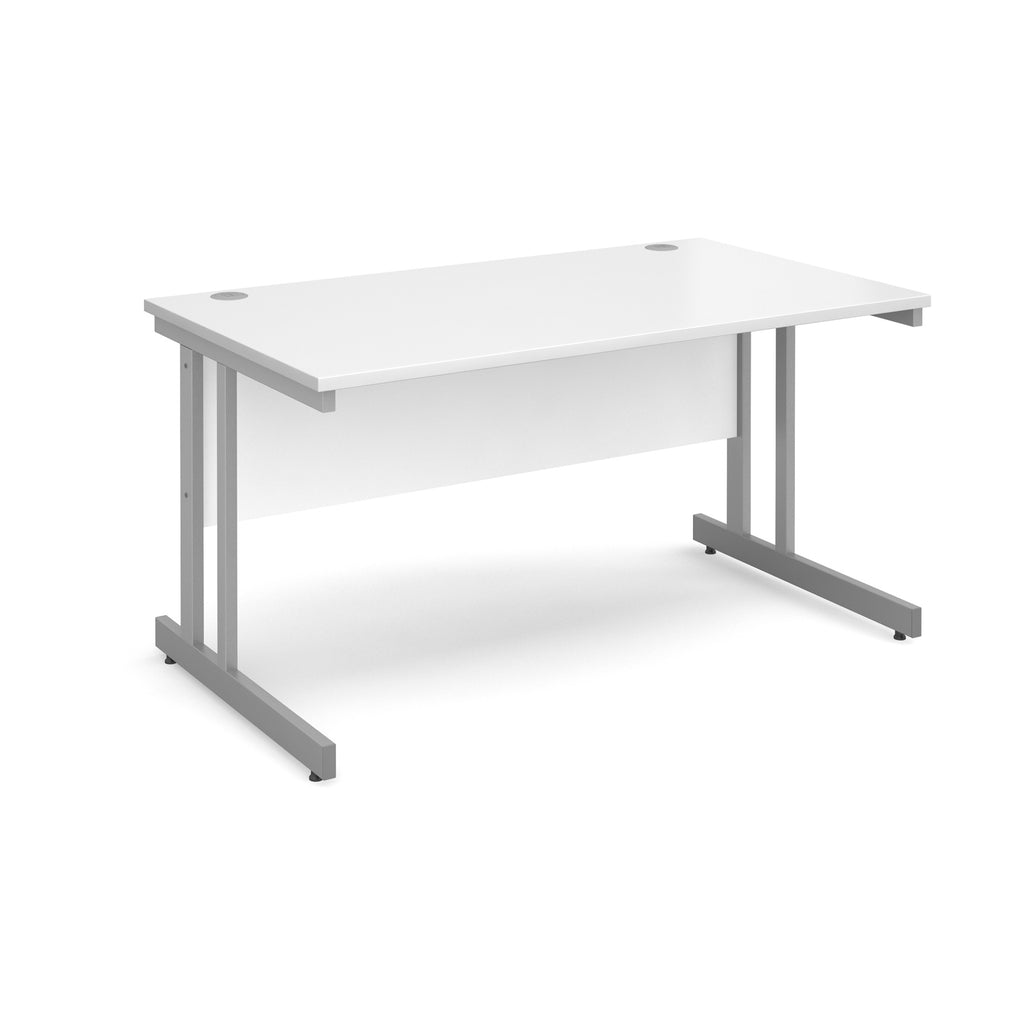 Office desk with white top and silver metal legs on a white background