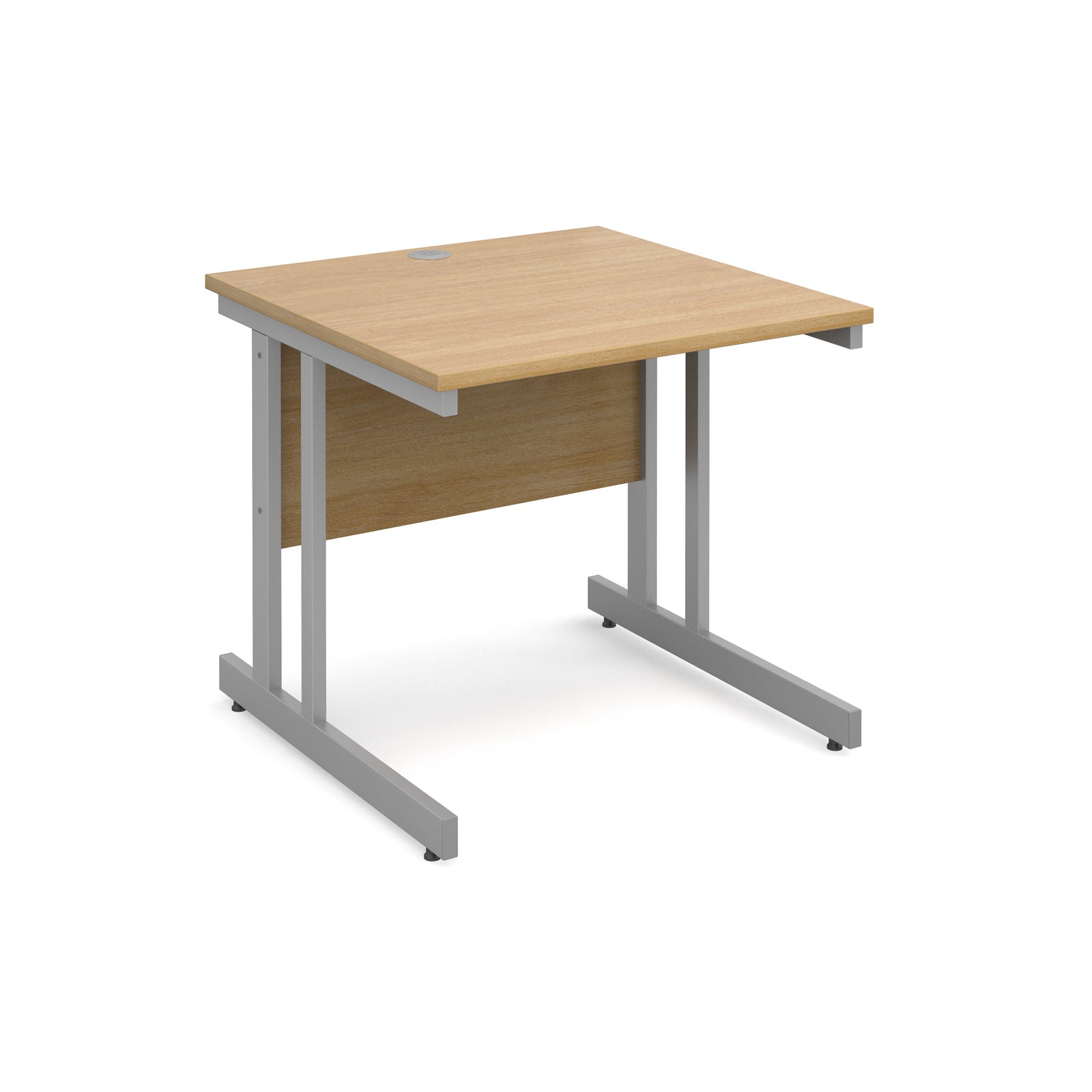Office desk with wood-effect top and silver metal legs on a white background