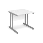 Office desk with white top and silver metal legs on a white background